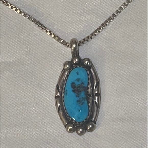 Vintage Navajo F Fannie Platero Sterling Silver Turquoise Pendant Necklace